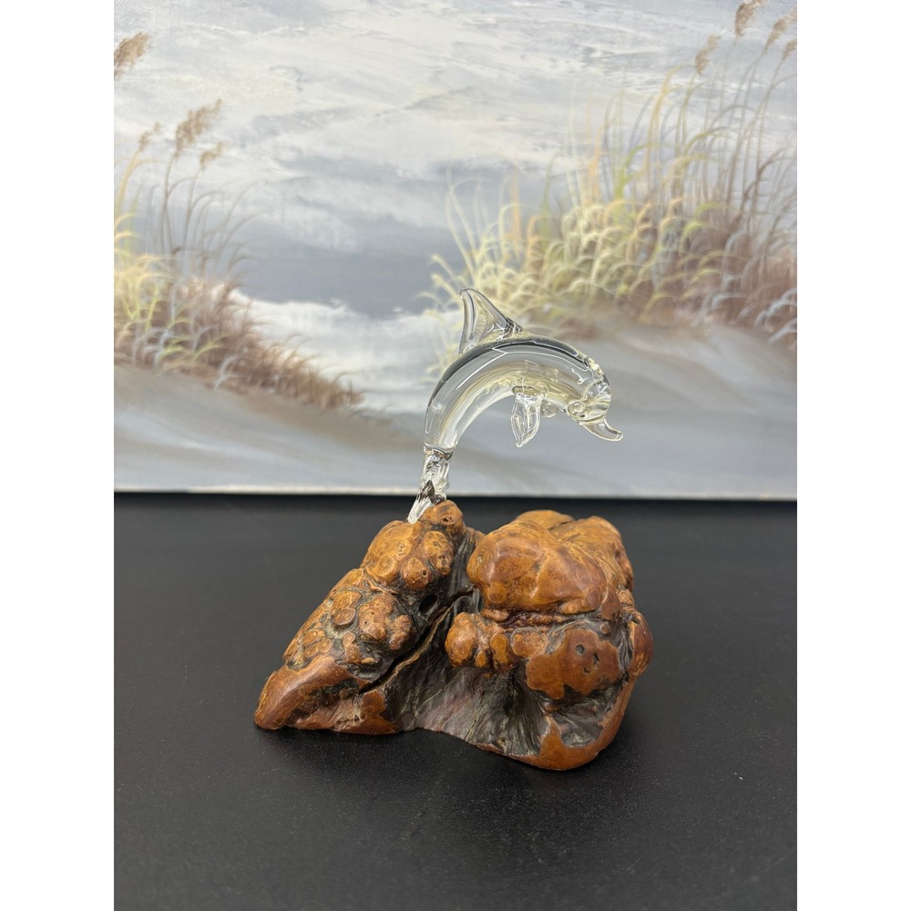 Vintage Hand Blown Glass Dolphin on Natural Cypress Knee Burl Wood Base Figurine